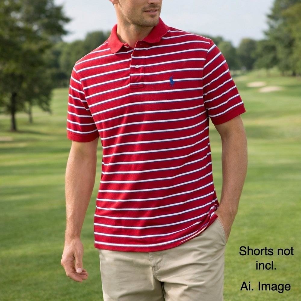 Polo Ralph Lauren‎ Men Lg Red White Blue Striped Short Sleeve Pique Polo Shirt